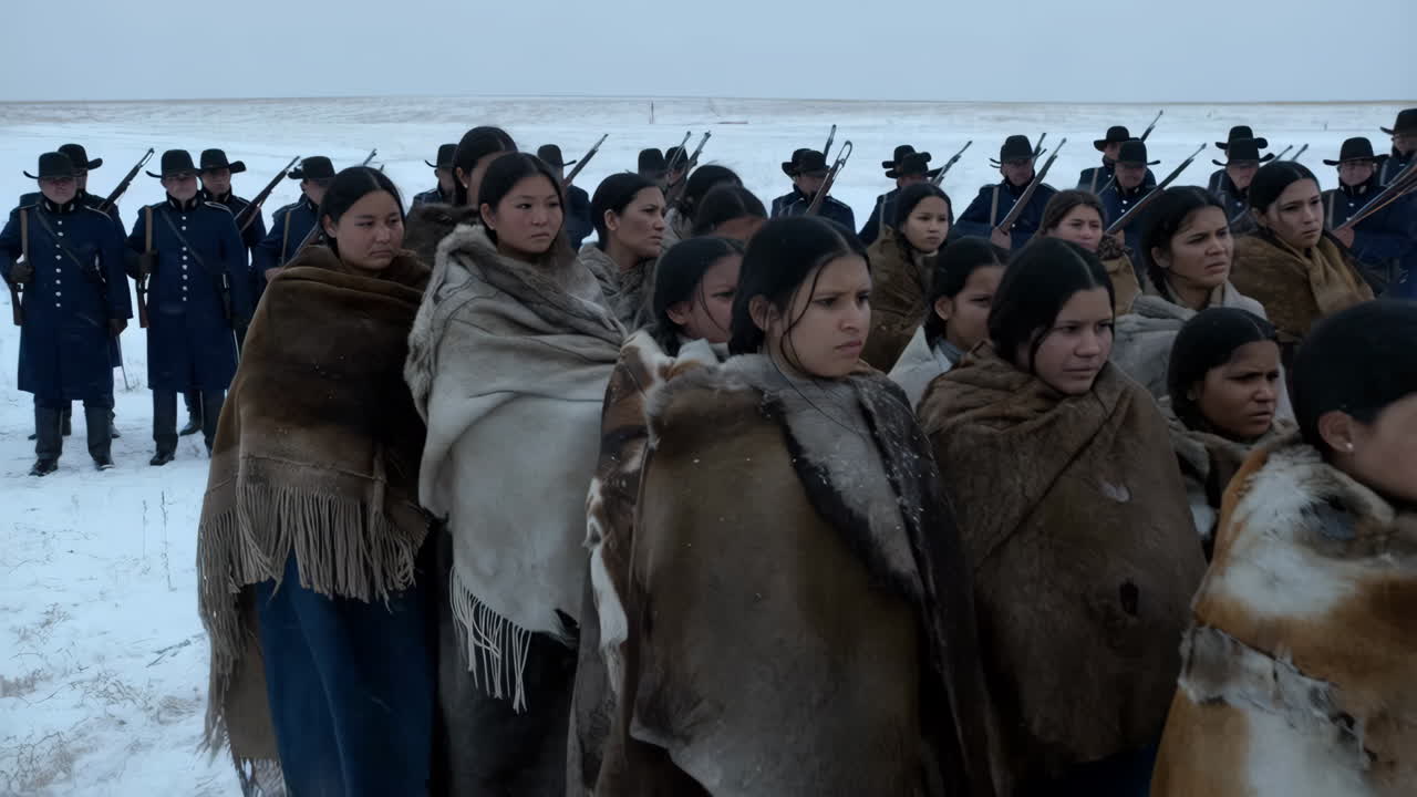 Native American Women and Soldiers in Winter