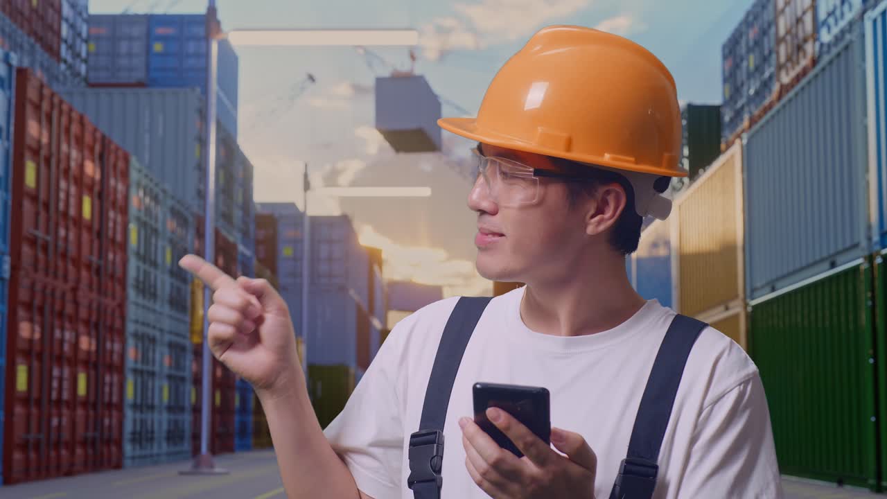 primer plano de un trabajador asiático con gafas de protección y casco de seguridad usando un teléfono inteligente y apuntando hacia un lado mientras está de pie en un almacén de contenedores