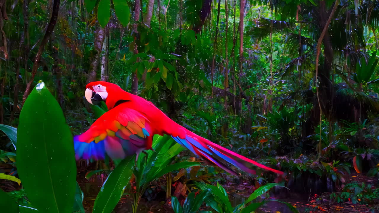 Vibrant Macaw in Flight in a Lush Rainforest