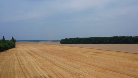 beautiful scenery of farmlands on harvest season. flying over the wheat plantation with combine working there. blue skies and green forests at backdrop.
