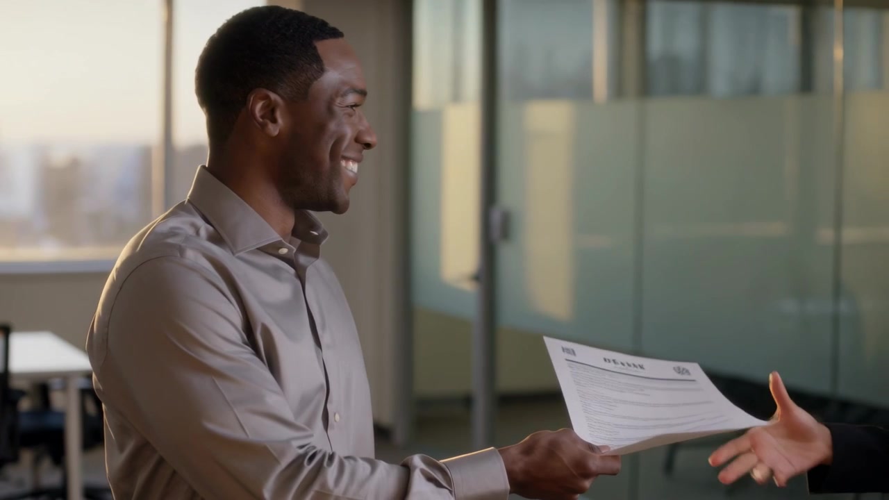 Handing man wearing light shirt offering sheet to woman entering office with laptop for review