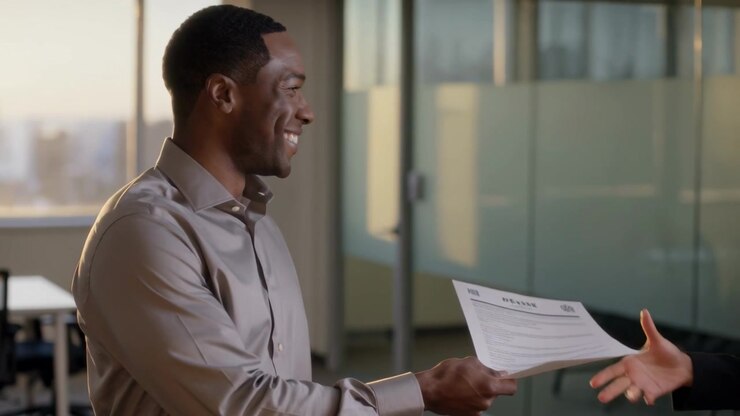 Handing man wearing light shirt offering sheet to woman entering office with laptop for review