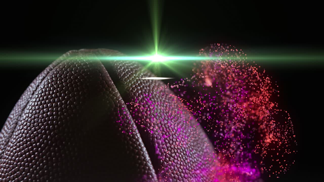 Animation of cropped rugby ball, flying lens flare and abstract pattern against black background