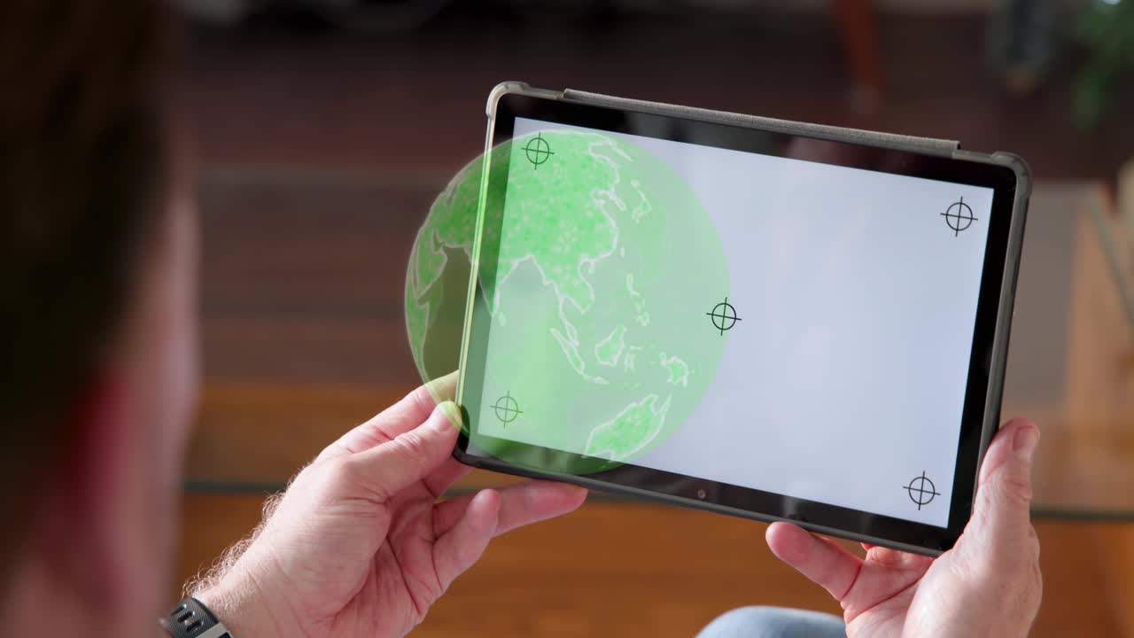 Mature man adjusting tablet at home, revealing AI globe, brain chip overlay, generating scenes