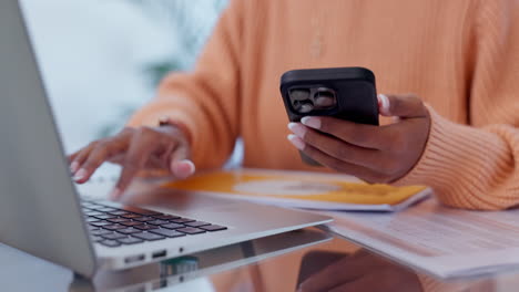 laptop, search and phone with hands of person