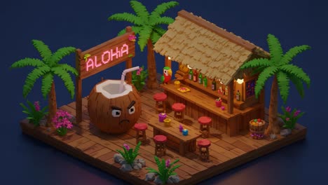 a vibrant tropical bar scene featuring a unique coconut drink and lush palm trees, capturing the essence of island life with colorful decorations and cozy seating