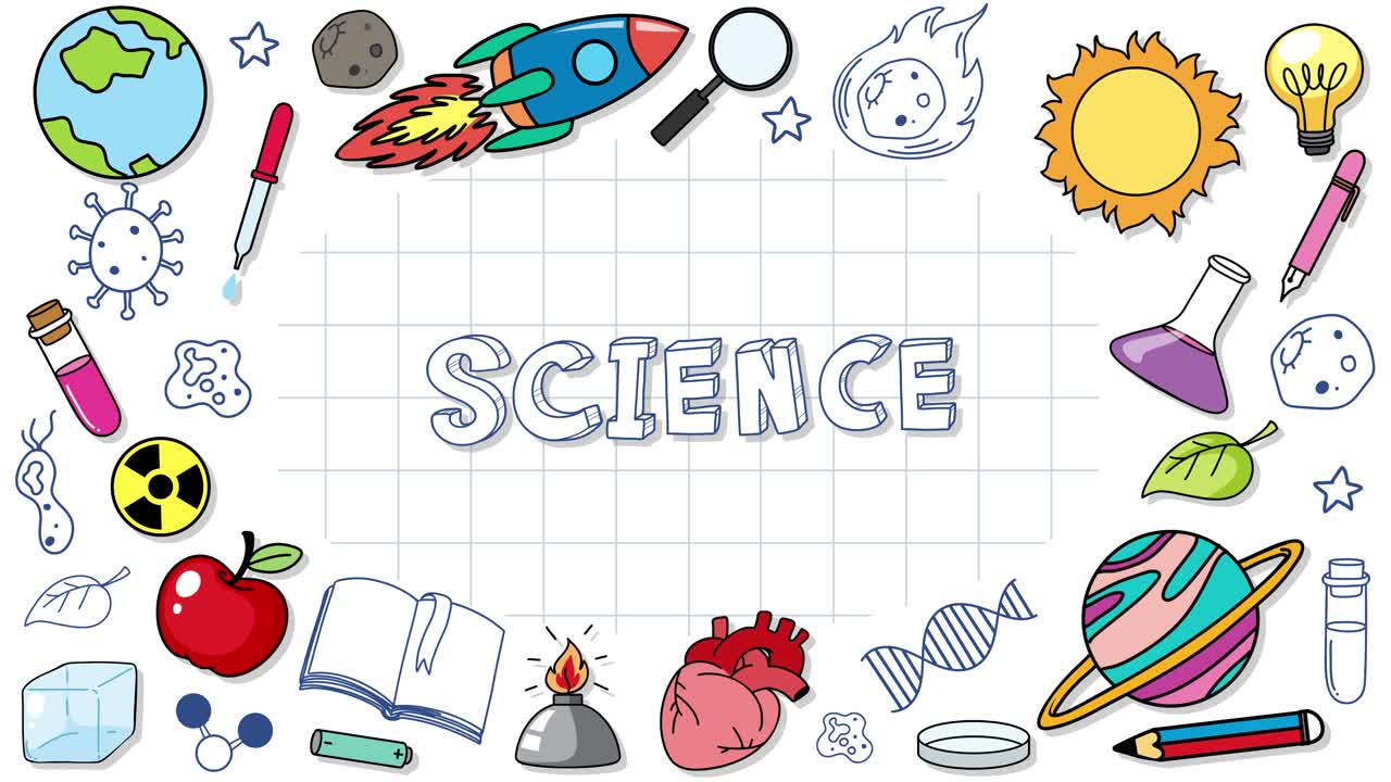 Hand-drawn science-themed illustrations animate onto a white grid background, surrounding the word 'SCIENCE' in the center. Smooth, playful transitions create an educational, energetic mood
