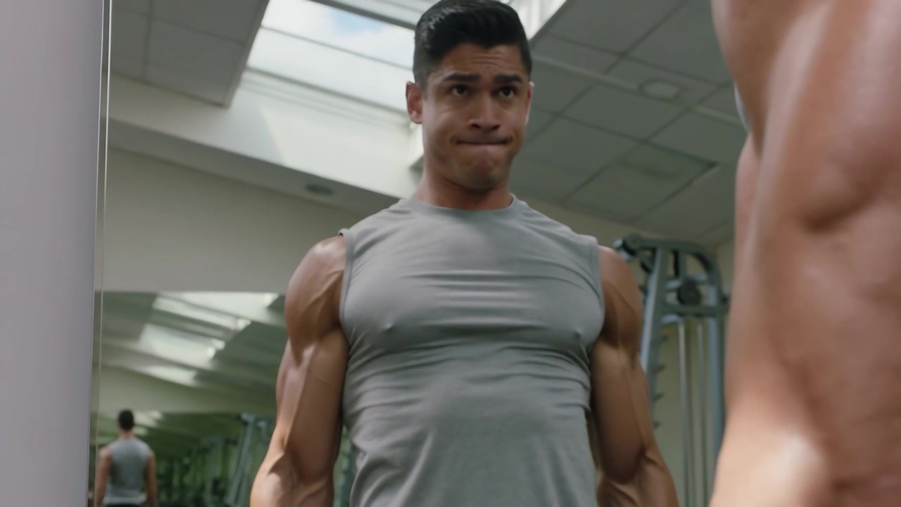 Close-up gripping dumbbell, man in sleeveless gray top curling in gym mirror, checking form