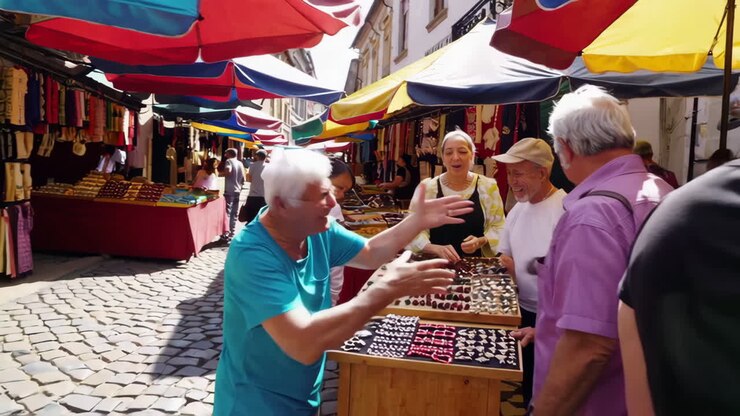 Scena di mercato all'aperto con persone che fanno acquisti