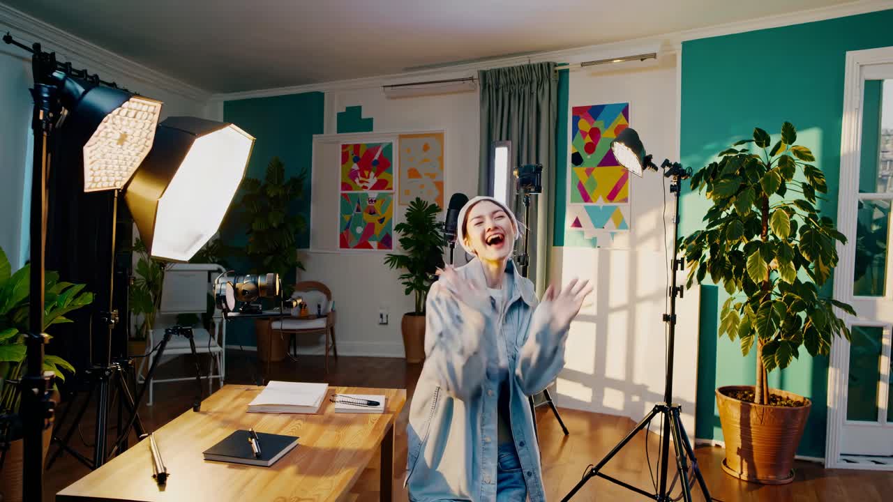 A cheerful woman in a brightly lit studio with colorful decor, shot from a front angle
