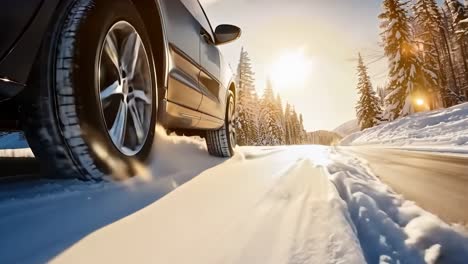 a car driving down a snowy road in the mountains