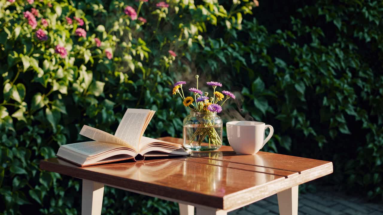 A serene video scene of a book, flowers, and a steaming cup on a wooden table, captured from a side