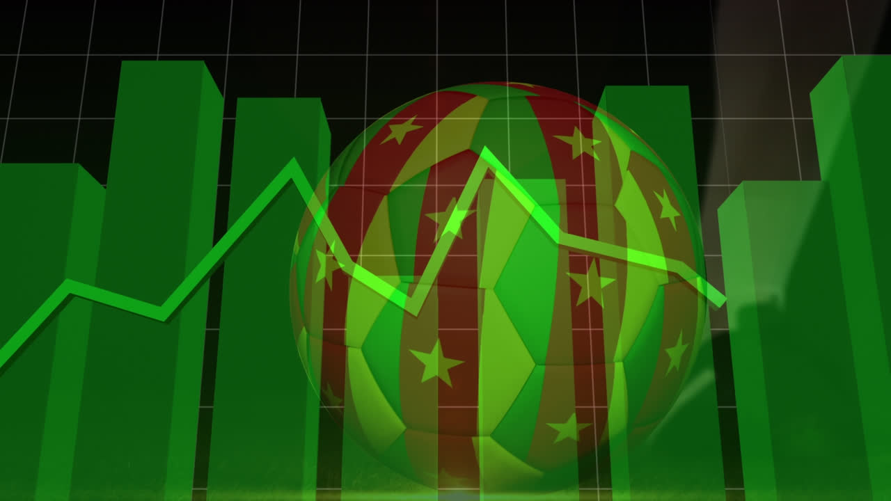 Animation of data processing and football with flag of cameroon over soccer player kicking
