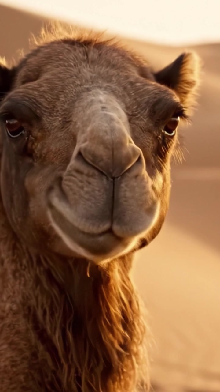 Primo piano di un cammello dai tratti robusti contro un tramonto nel deserto, che cattura la bellezza e la forza di questo maestoso animale nel suo habitat naturale.