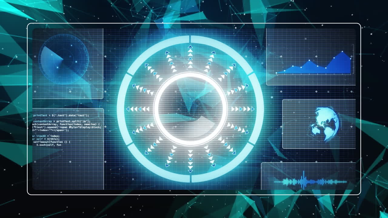 검은 바탕에 연결 네트워크를 통해 범위 스캐닝과 함께 데이터 처리의 애니메이션