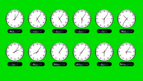 different time zones clocks on a green screen in time lapse