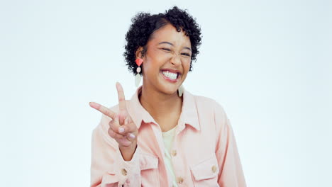 Face,-excited-and-woman-with-peace-sign