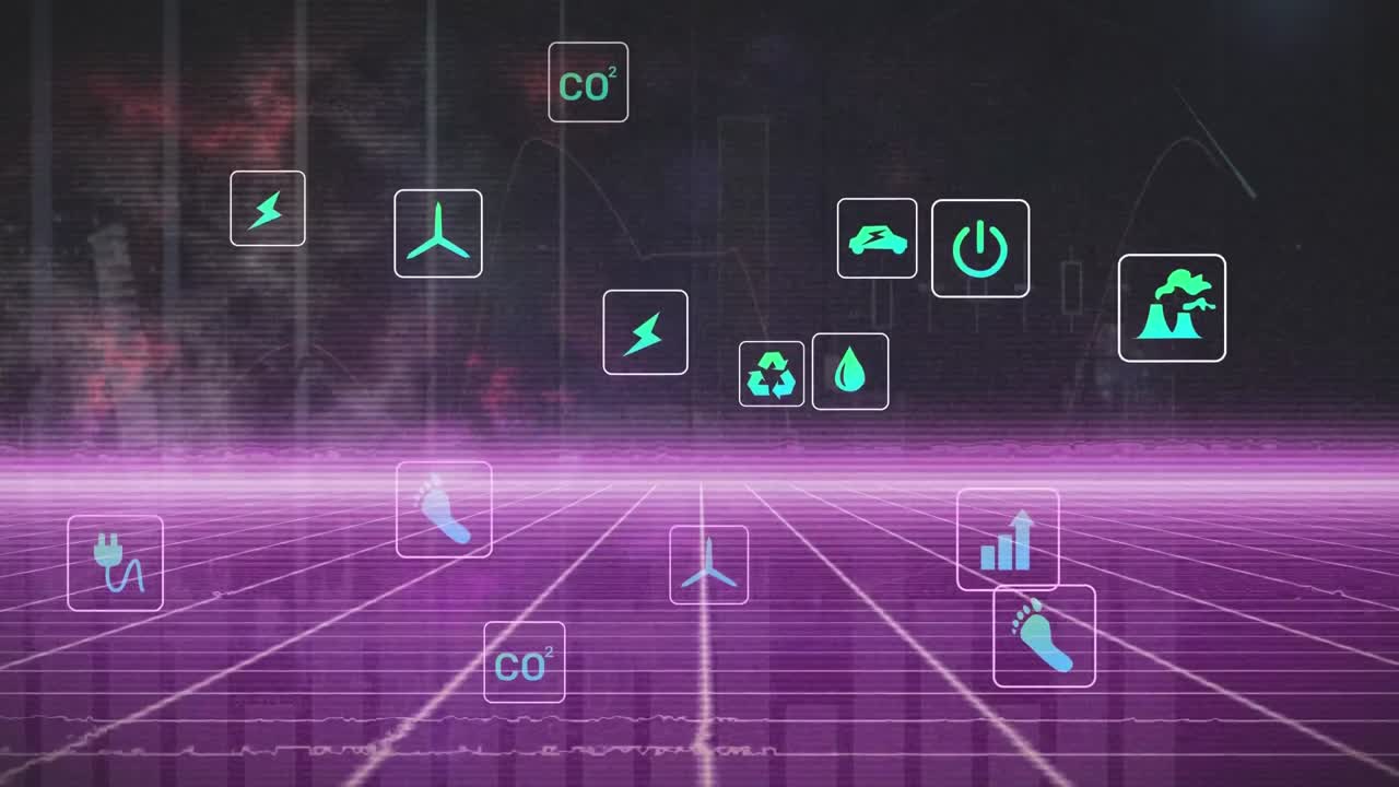 검은색 배경에 데이터 처리를 통해 아이콘과 네온 라인의 애니메이션