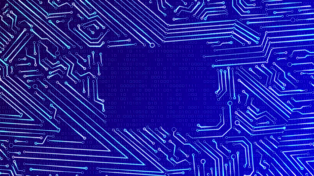 Circuit board with moving electrons data flow loop background animation artificial intelligence