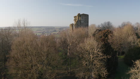 Aerial-drone-footage-of-the-Chateau-feodal-de-Freteval-or-Feudal-castle-of-Freteval-in-Loir-et-Cher,-central-France