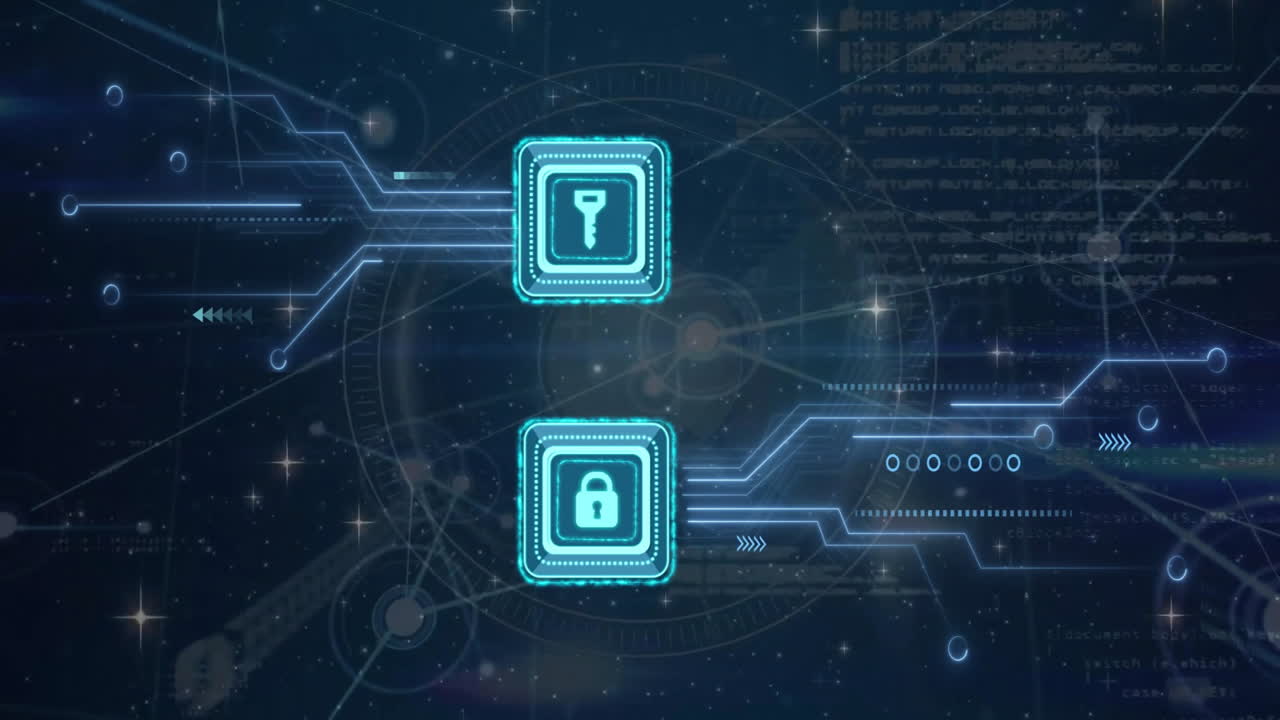 Animation of padlock and key icons and circuit board on dark background