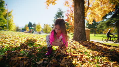 little girl playing in autumn leaves in a park