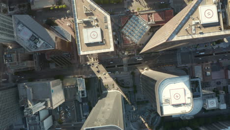 Skyscraper-Canyon-of-Downtown-Los-Angeles,-Epic-Aerial-Birds-Eye-Overhead-Top-Down-View-of-Main-Street-with-little-Car-traffic