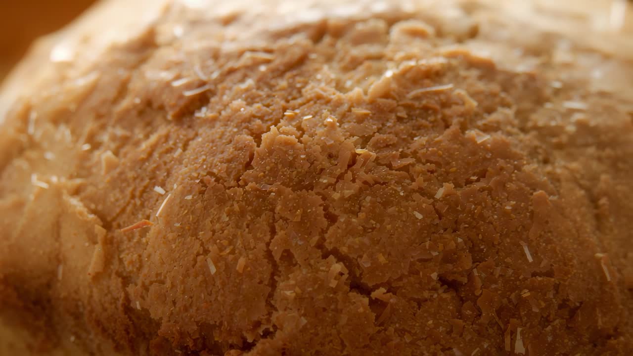 Camera shifting focus, warm light revealing round brown biscuit on table showing texture and cracks