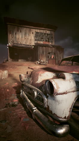 rusty vintage car and abandoned shed in desert at night