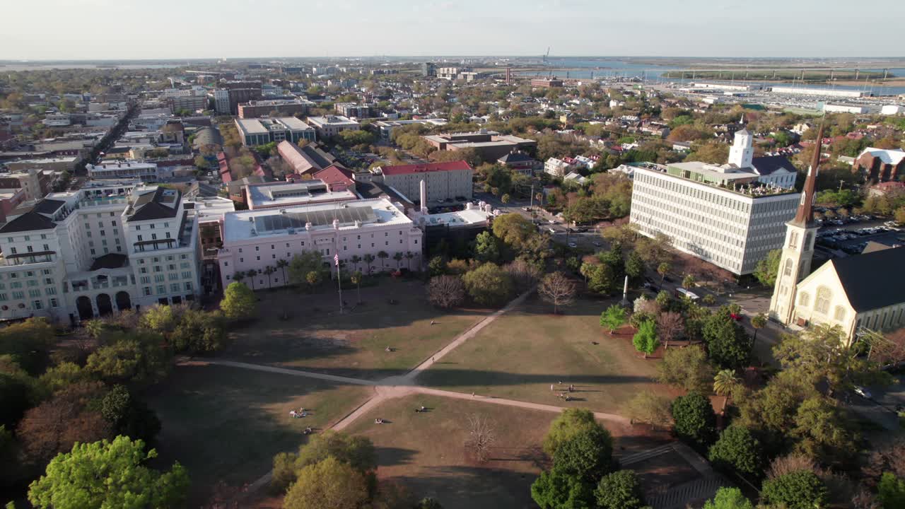 Marion Square and Old Citadel in Charleston, SC, aerial shot, 4K