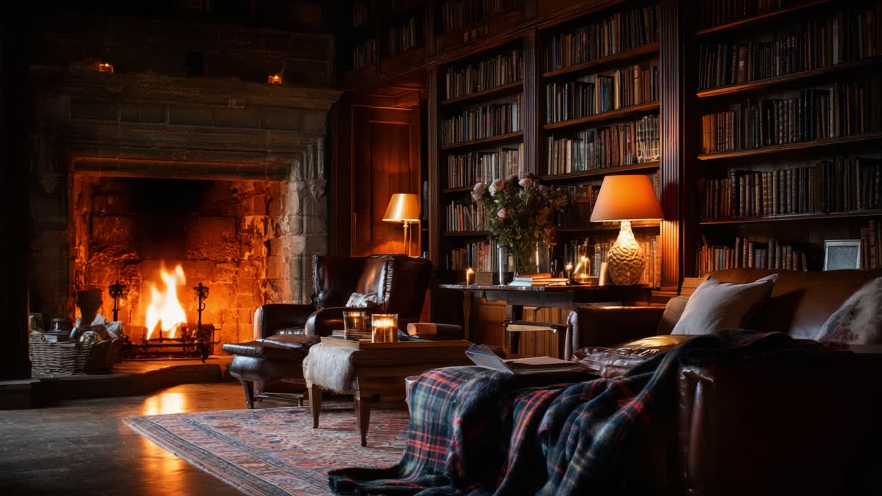 Cozy Living Room with Warm Fireplace, Bookshelves, and Elegant Decor: A Perfect Retreat for Relaxation and Comfort in an Inviting Ambiance for Reading and Enjoying Moments
