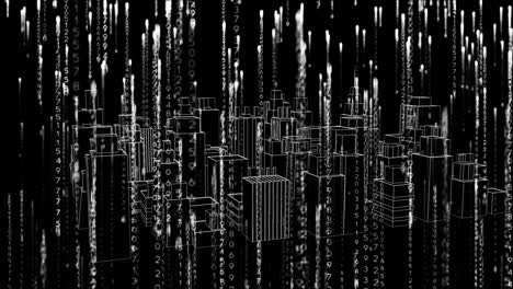 animation of white light trails over 3d drawing of cityscape on black background