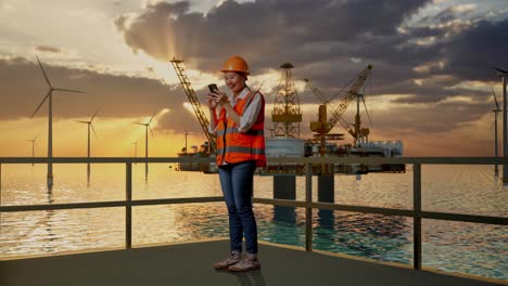 full body side view of asian female engineer with safety helmet using smartphone while standing with hydrogen production