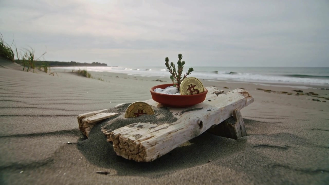 Avvicinamento della telecamera da un grandangolo sulla spiaggia per rivelare una ciotola su una tavola con monete Bitcoin