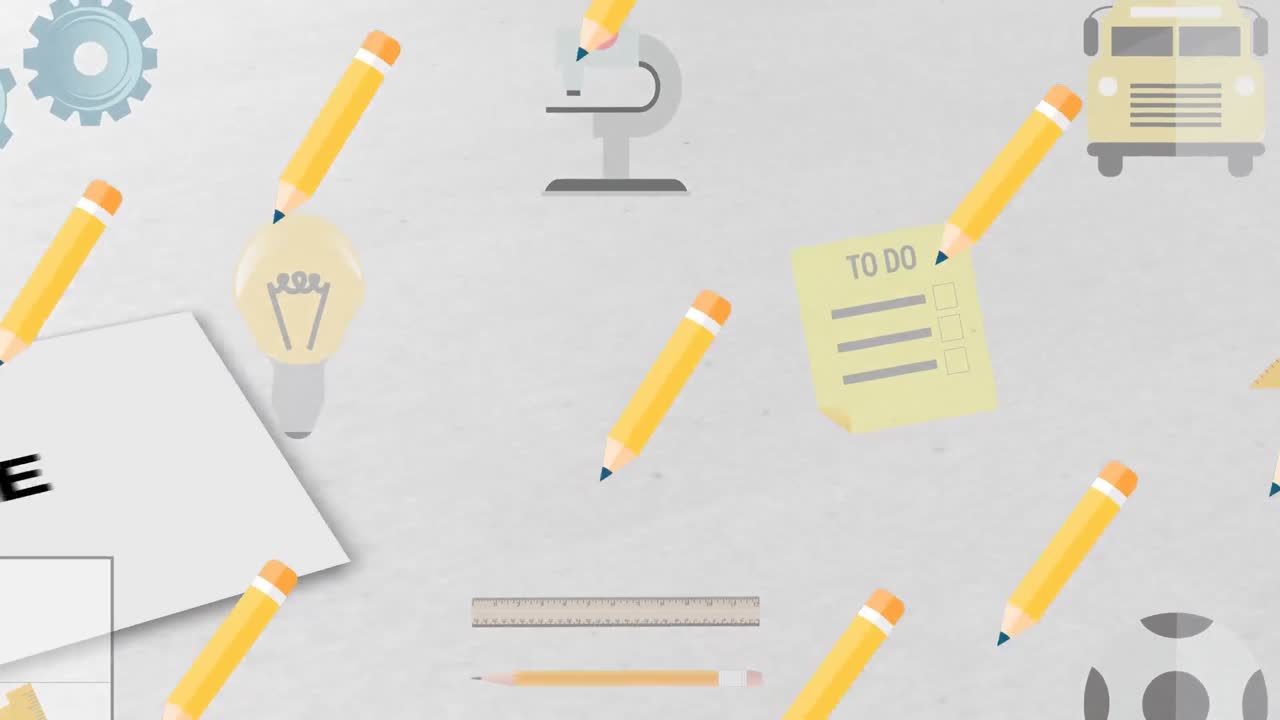 Animation of mga sale text with school icons on white background