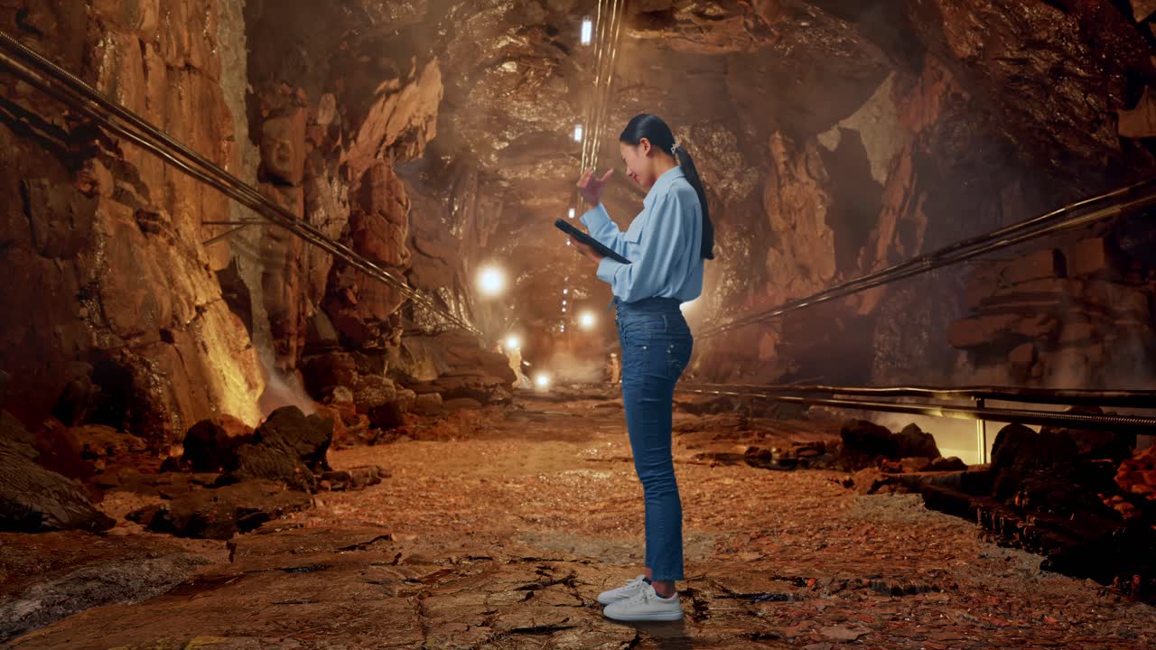 Full Body Side View Of Asian Female With Her Tablet In Underground Mine Tunnel, She Is Nodding Her Shead With Dissapionted