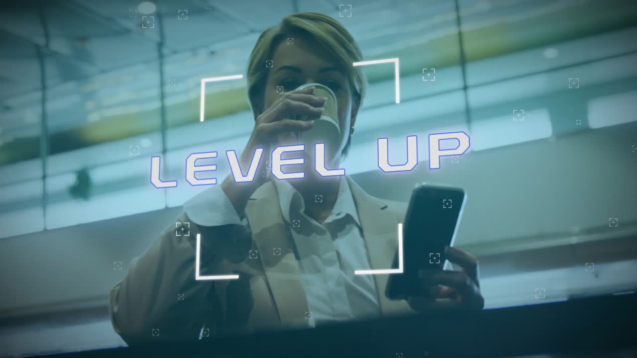 Animation of level up text and data processing over caucasian businesswoman using smartphone