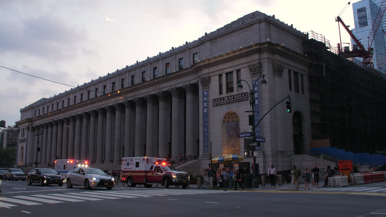 Ambulances sit in front of the James Farley Post Office in Manhattan