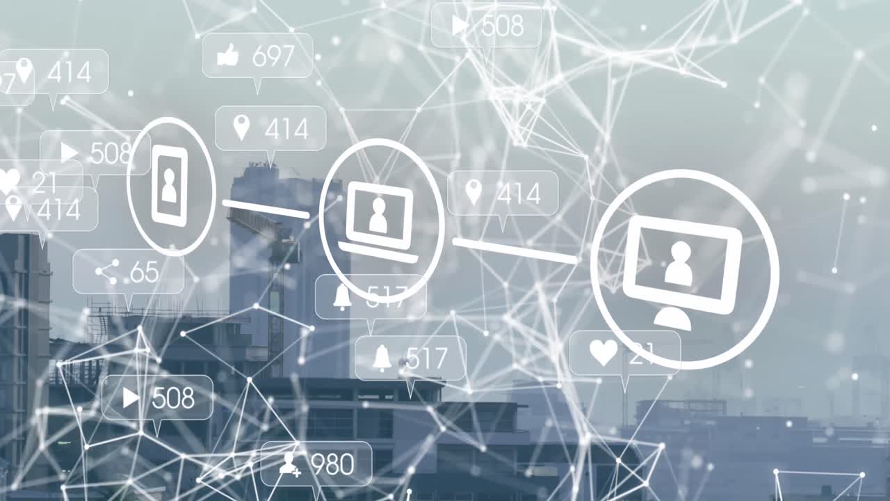 도시 풍경 위의 미디어 아이콘과 모양의 애니메이션