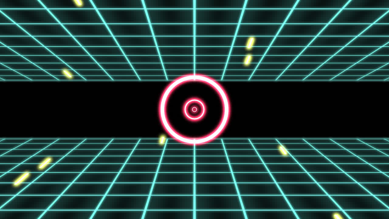 círculo rojo vívido centrado en una cuadrícula geométrica contra un fondo negro
