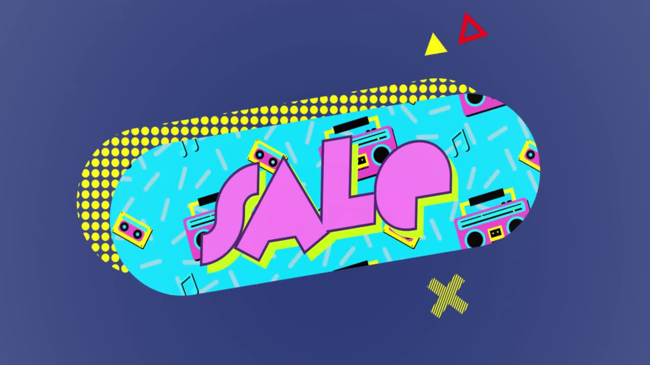 Animation of sale text over retro pattern on blue background