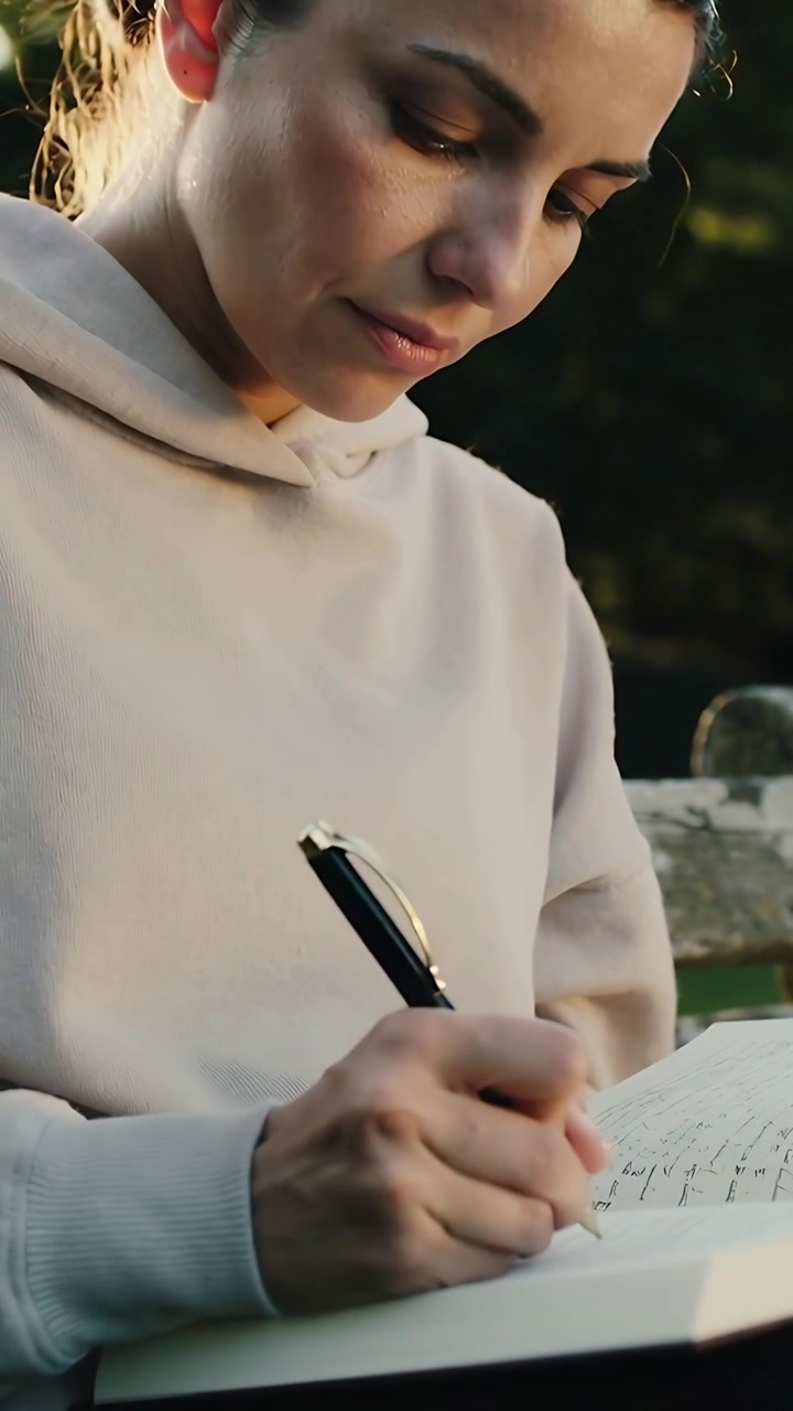 Video verticale: Donna con felpa con cappuccio che scrive sul suo diario, con la penna che tocca la pagina, su una panchina del parco.