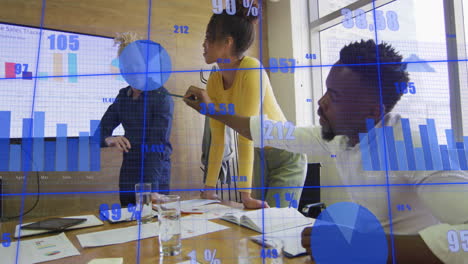 animation of multiple graphs and changing number, diverse coworkers discussing reports on screen