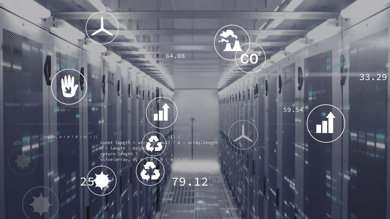 animación de iconos y lenguaje informático sobre barras en bastidores de servidores de datos en la sala de servidores