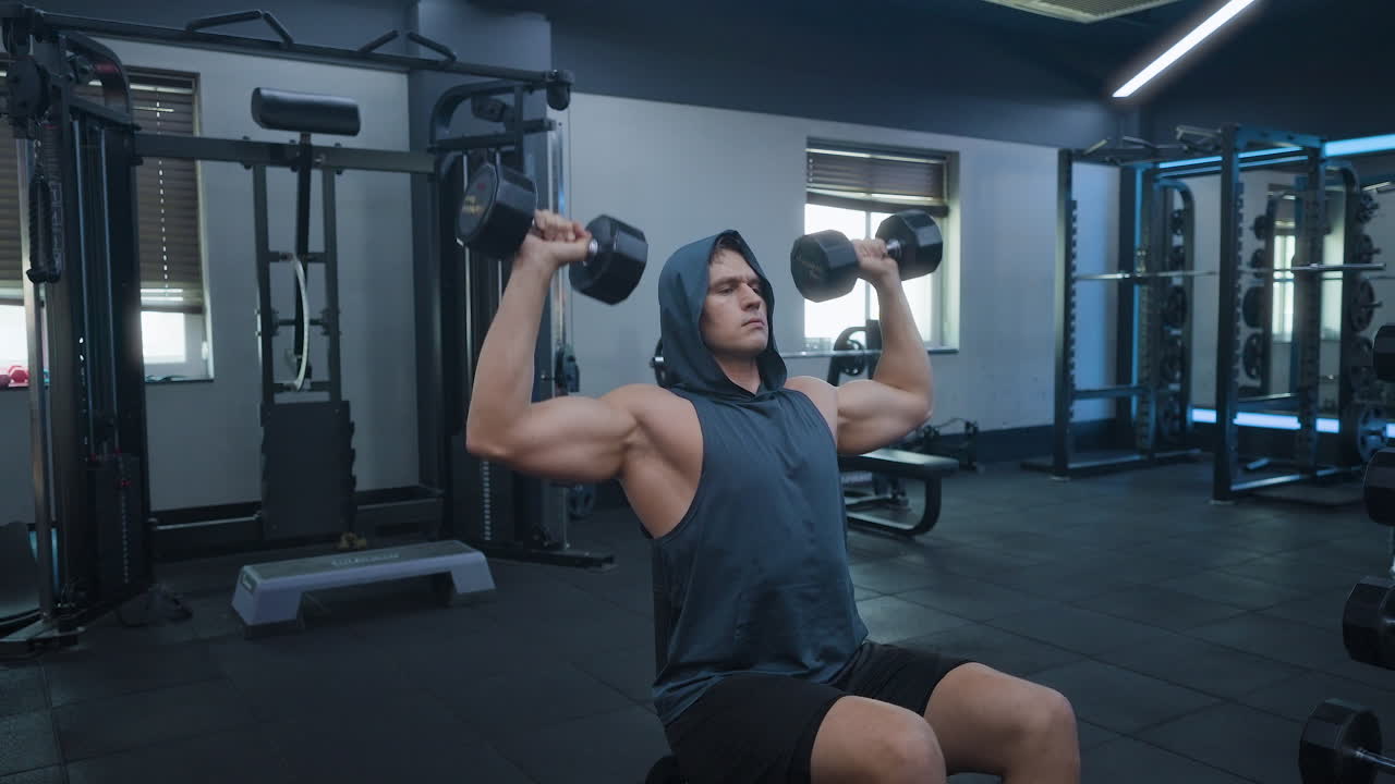Muscular man exercising dumbbell shoulder press in the gym, lifestyle sport and bodybuilding concept - middle shot