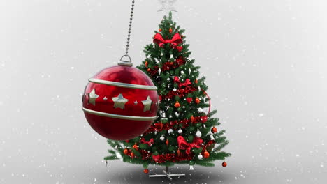 Animation-of-christmas-red-bauble-with-chrismas-tree-on-white-background