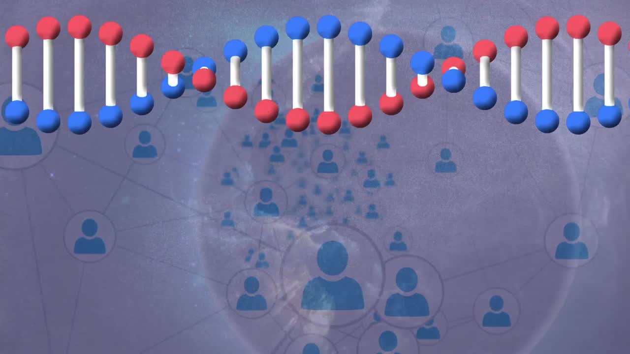animación de redes de conexiones con iconos y cadenas de adn en todo el mundo