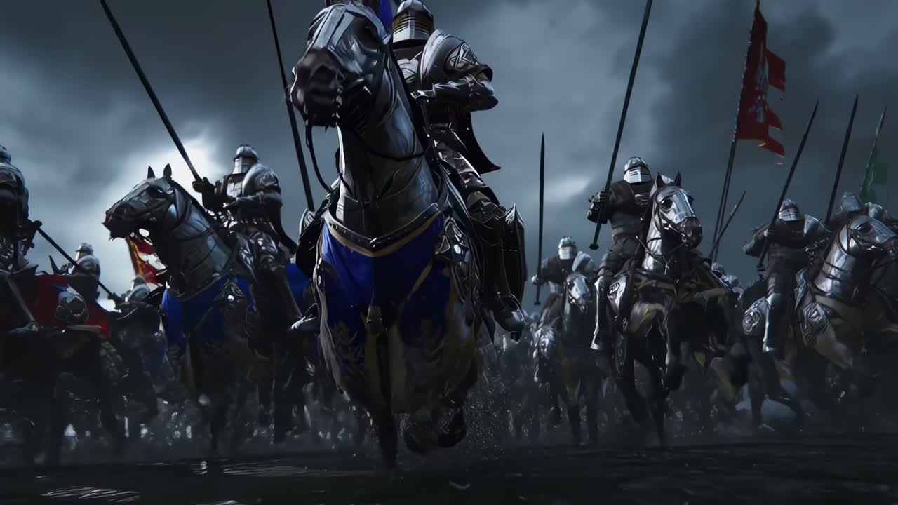 Epic medieval cavalry charge in dramatic low-angle video, capturing dynamic action and intensity