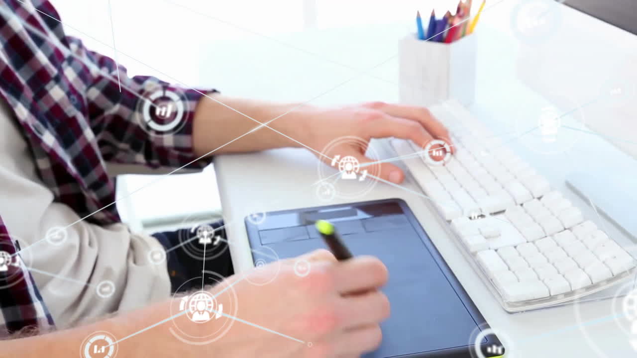 Animation of network of connections with icons over caucasian businessman in office