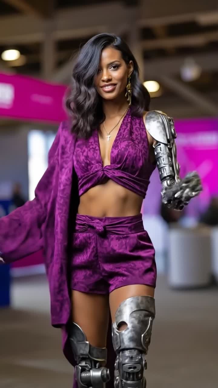 Affascinante donna di colore con abito viola, braccio e gambe bioniche avanzate